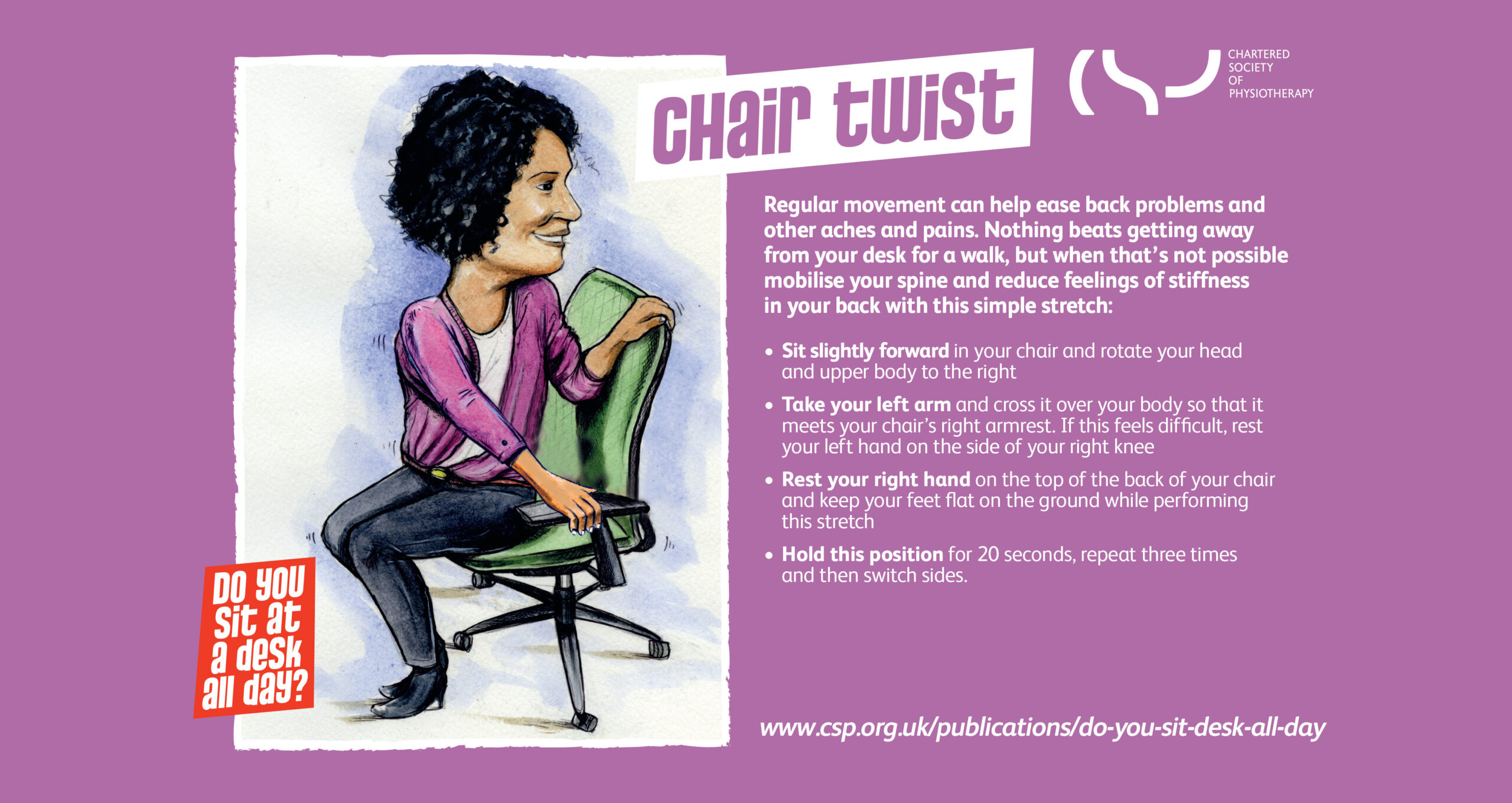 Chartered society of physiotherapy exercise card for the Chair Twist