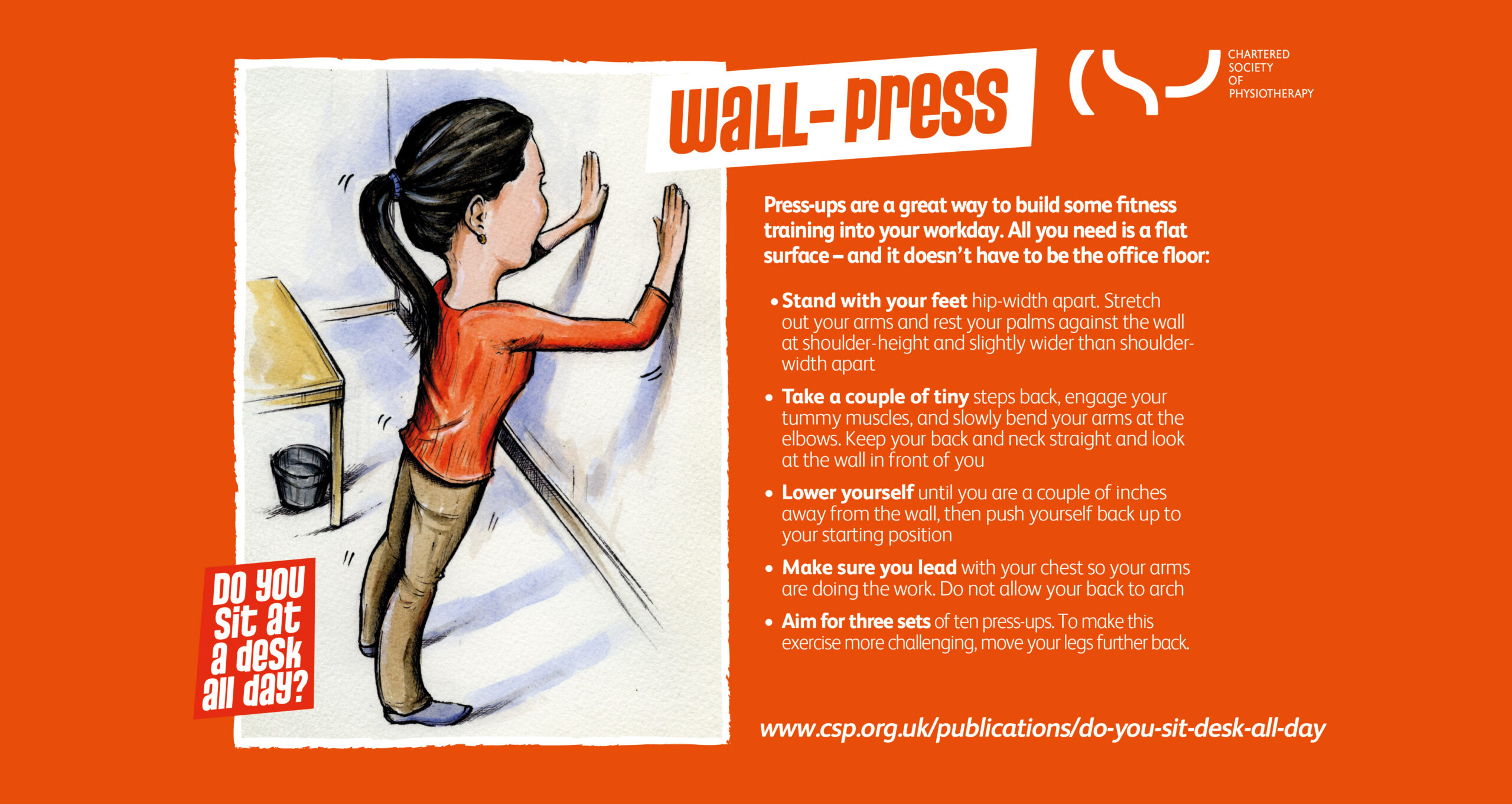 Chartered society of physiotherapy exercise card for the wall-press.