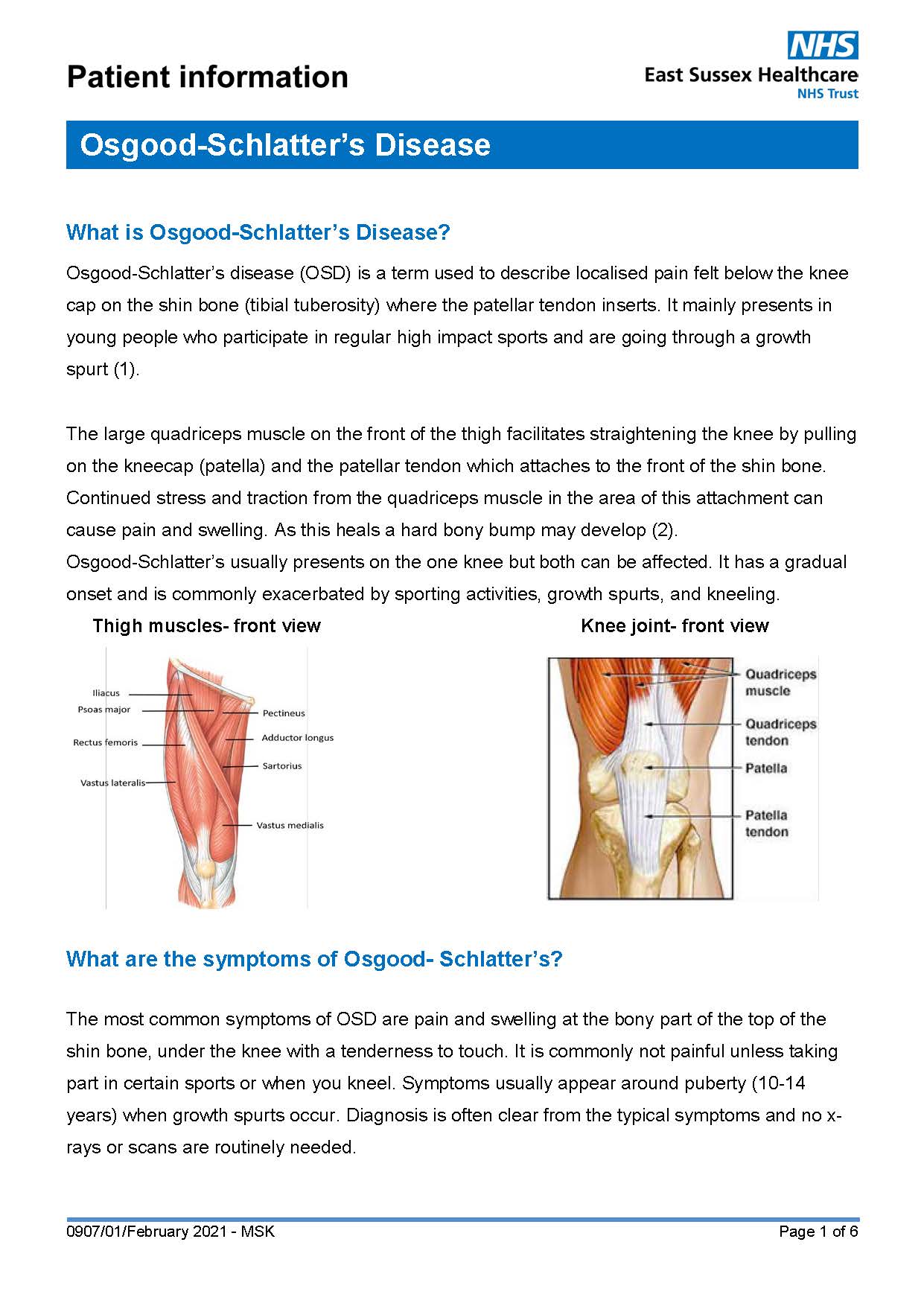 Information leaflet for Osgood-Shlatters Disease. Click to download a PDF