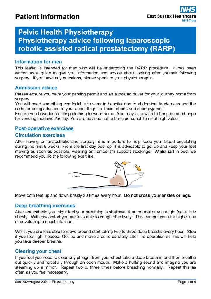 Physiotherapy Advice Following Laparoscopic Robotic Assisted Radical Prostatectomy (RARP)