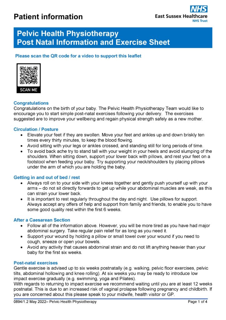 Physiotherapy Post Natal Information & Exercise Sheet